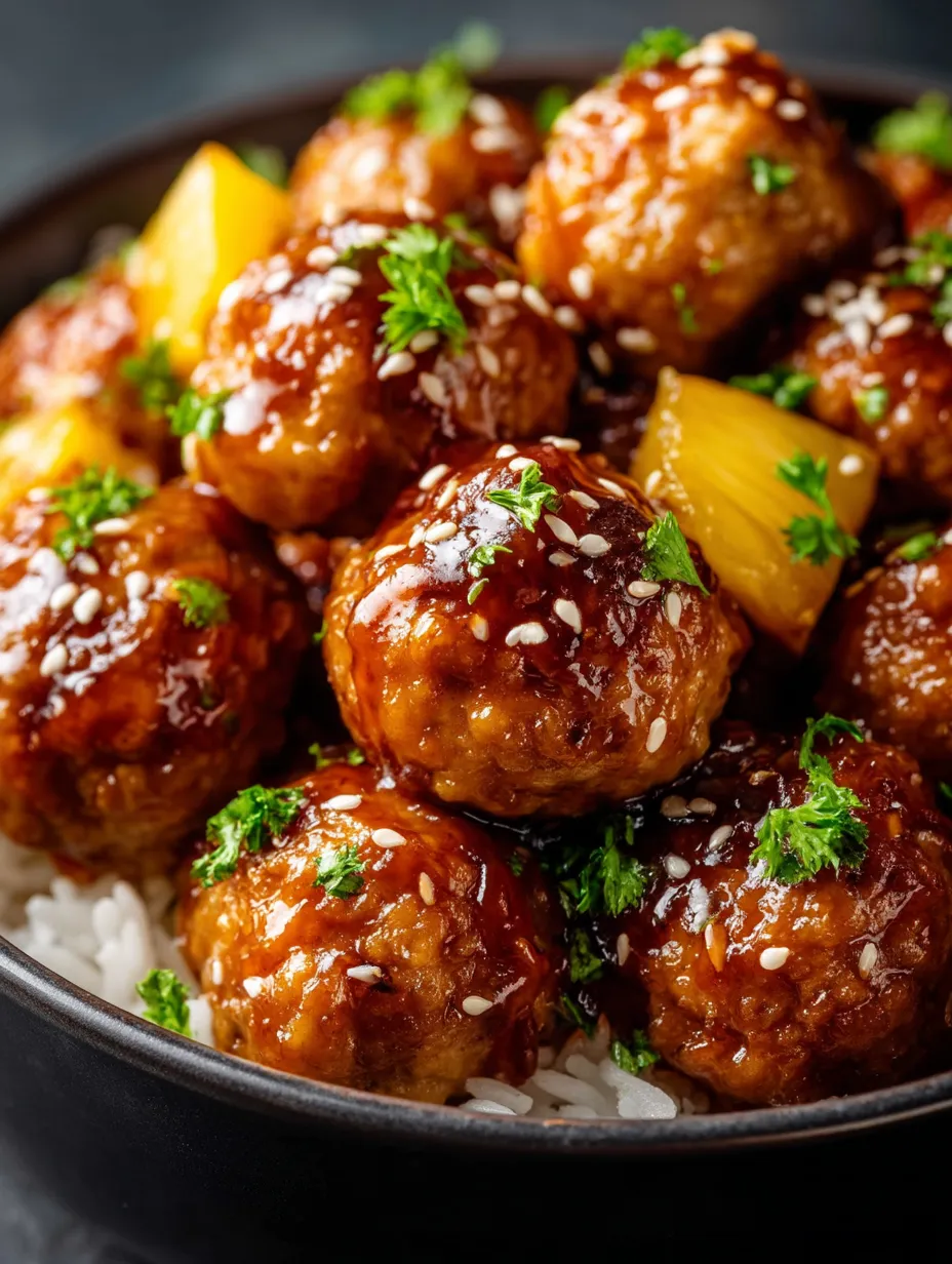A bowl packed with meatballs smothered in pineapple teriyaki sauce.
