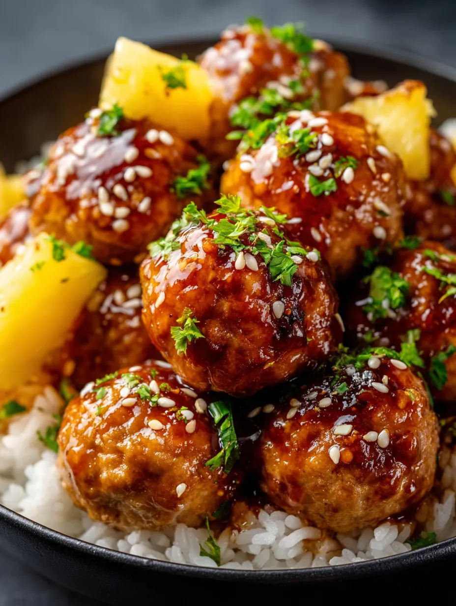 A bowl packed with meatballs smothered in pineapple teriyaki sauce.