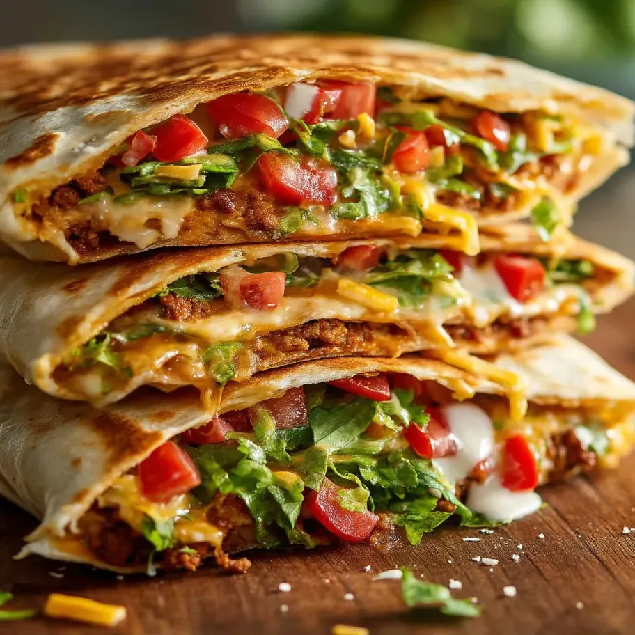 Three crunchy Crunchwrap Supreme style wraps stacked together.