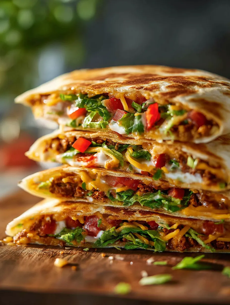 Three stacked tortilla wraps bursting with veggies and cheese.