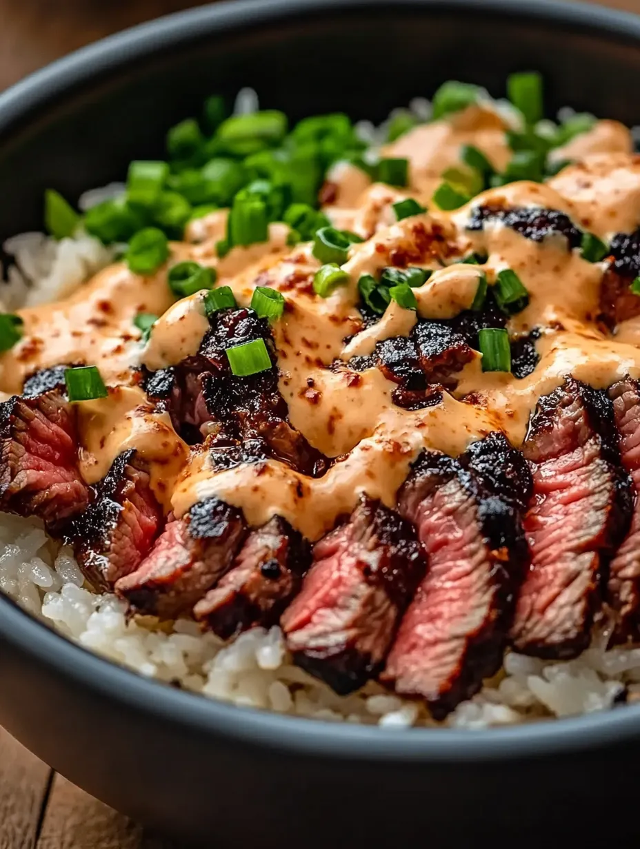 A close up of a delicious Korean BBQ steak rice bowl.