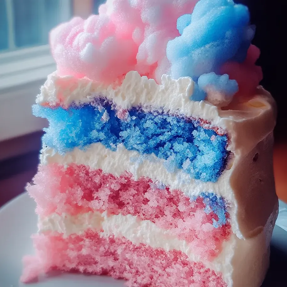 A slice of cake with cotton candy flavors.