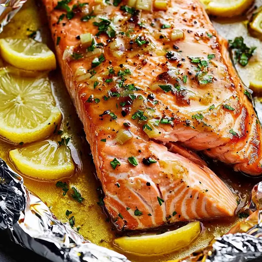 Salmon topped with slices of lemon.