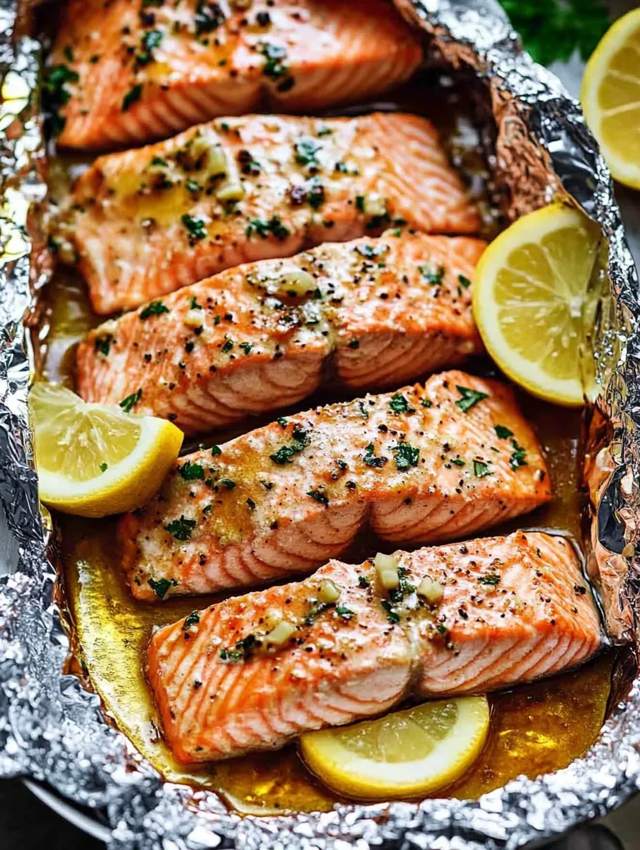 A foil wrapped salmon with lemon wedges on top.