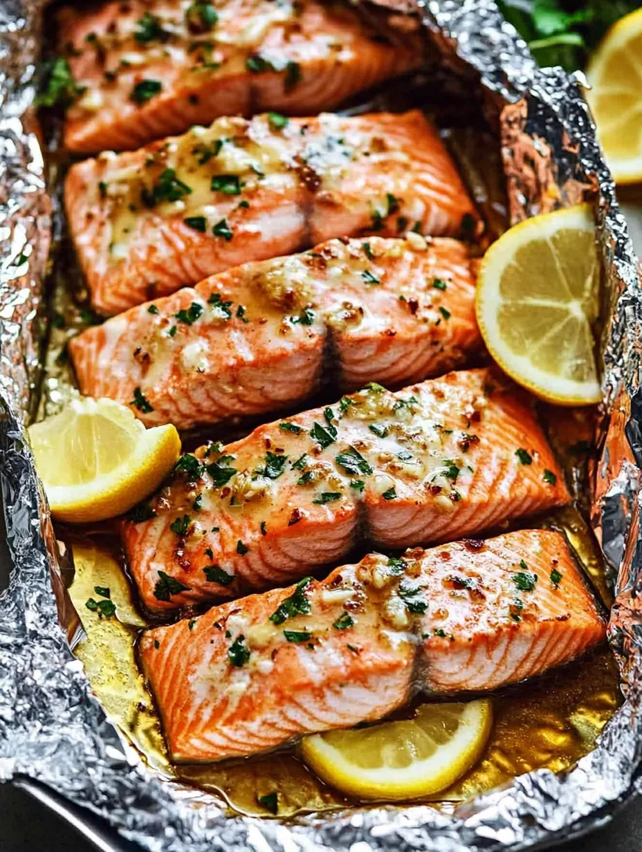 A foil wrapped salmon with honey garlic butter.