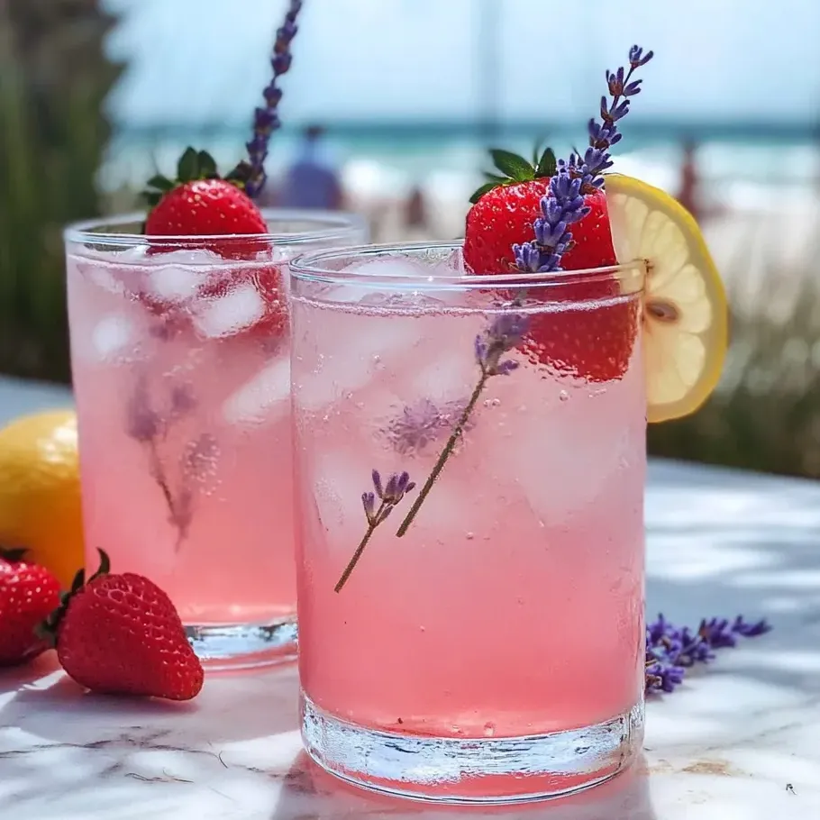 Two glasses holding a pink lemonade with lavender.