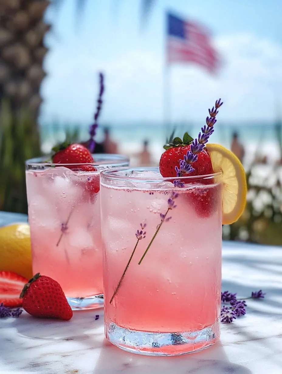 Two glasses filled with a pink lemonade and lavender twist.