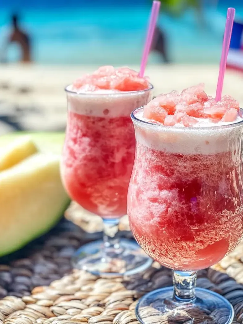 Two glasses filled with Otai, the Tongan watermelon drink.