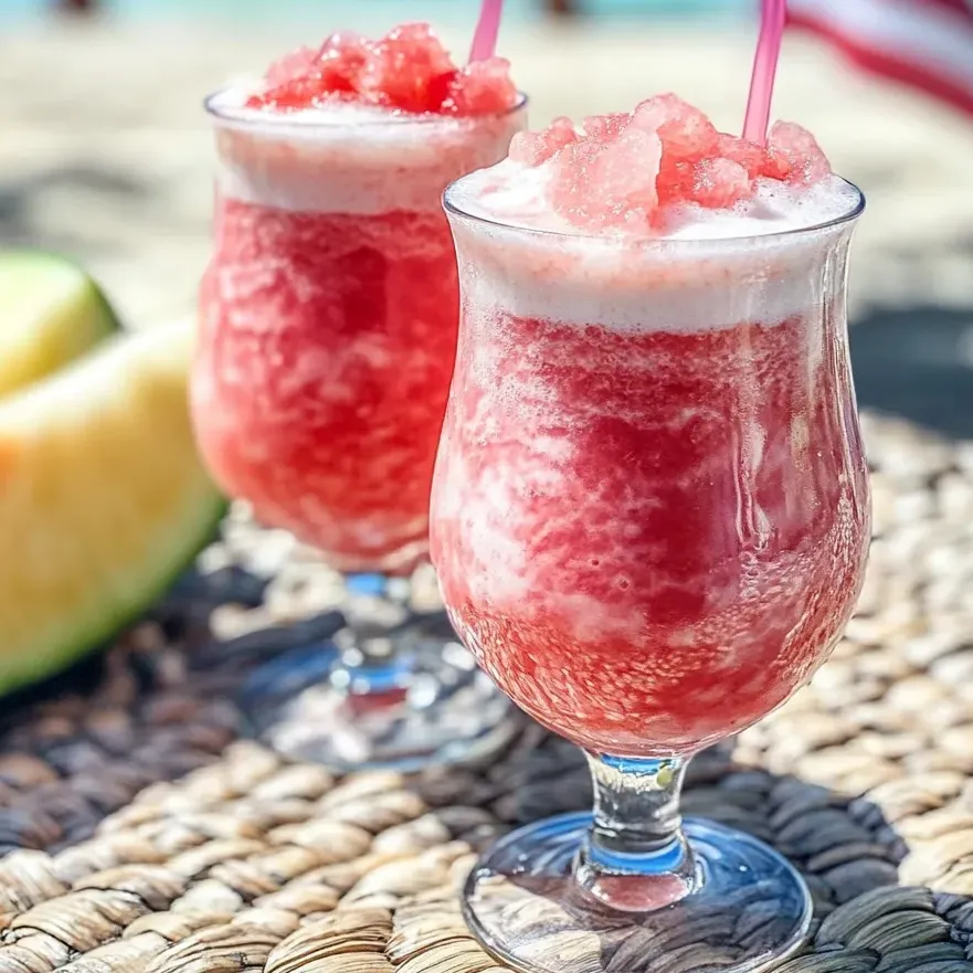 Two tall glasses filled with bright pink Otai Tongan Watermelon Drink.
