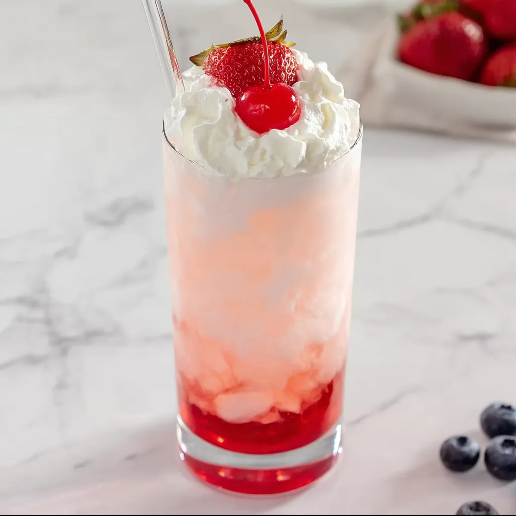 Italian cream soda served up in a glass with a cherry topping.