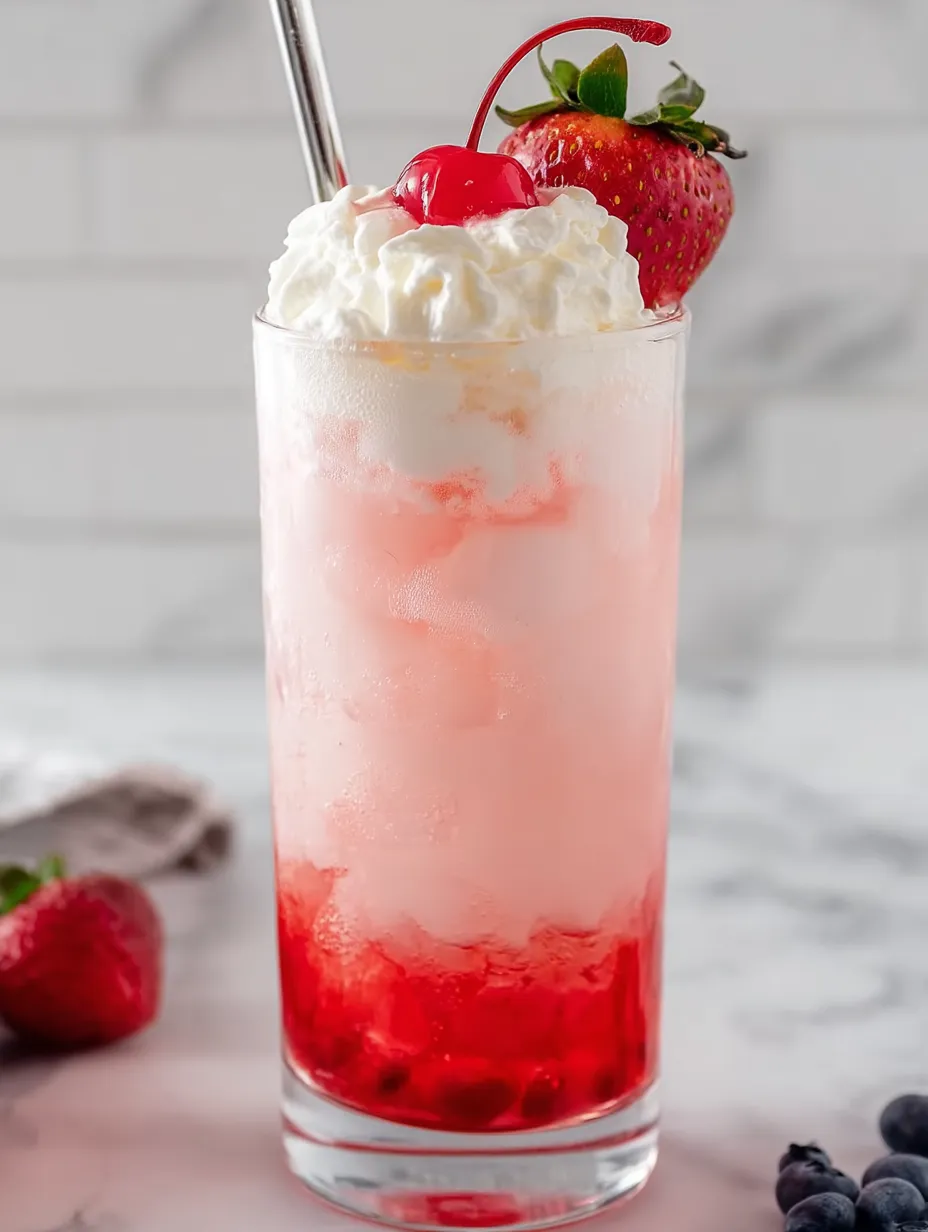 Tall glass of Italian cream soda topped with strawberries.