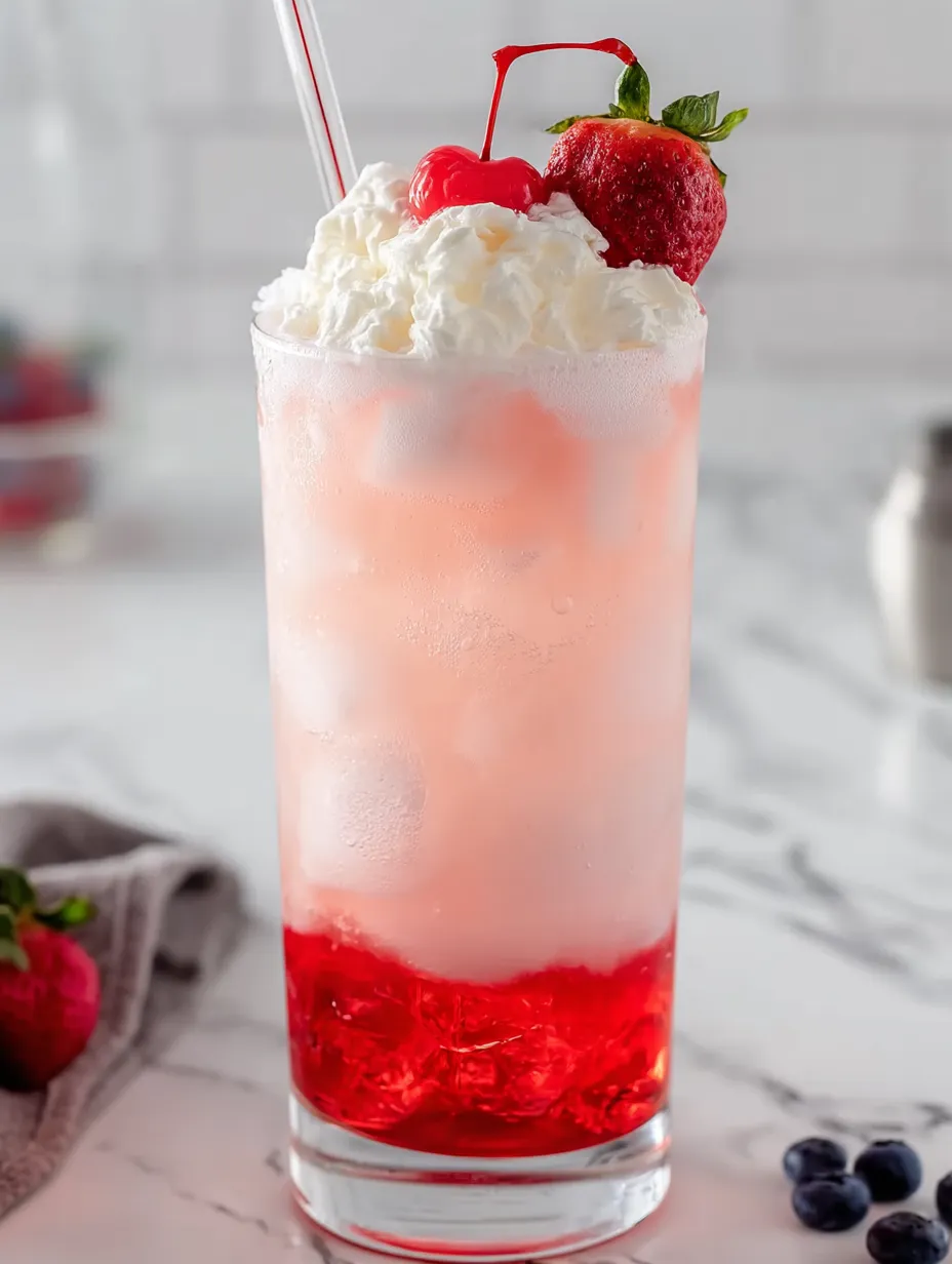 Tall glass of Italian cream soda with strawberries inside.