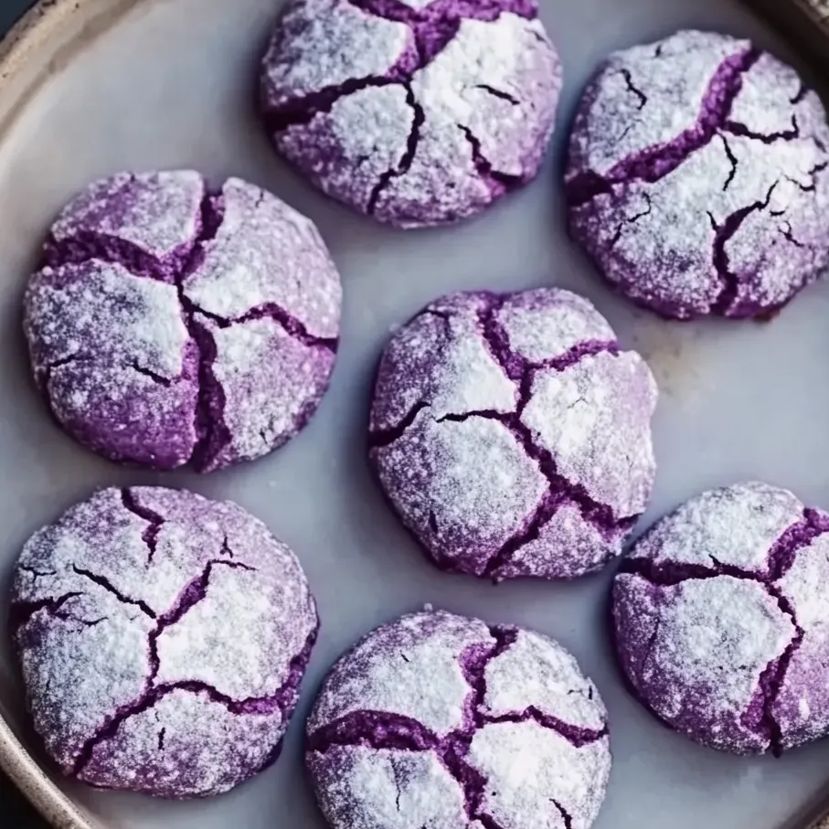 Bright purple cookies with stripes of sugar on top.