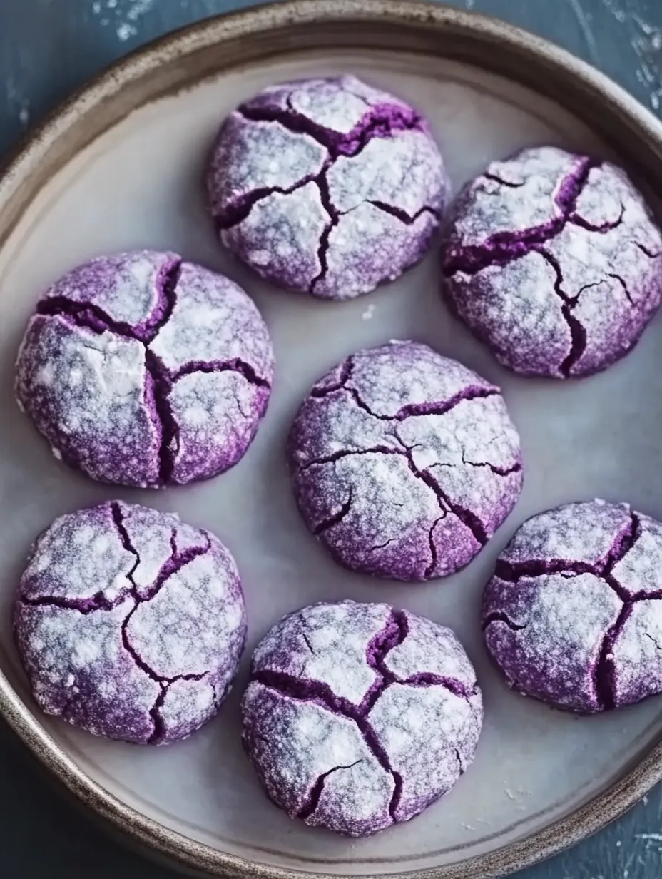 Bright purple crinkle cookies on a tray.