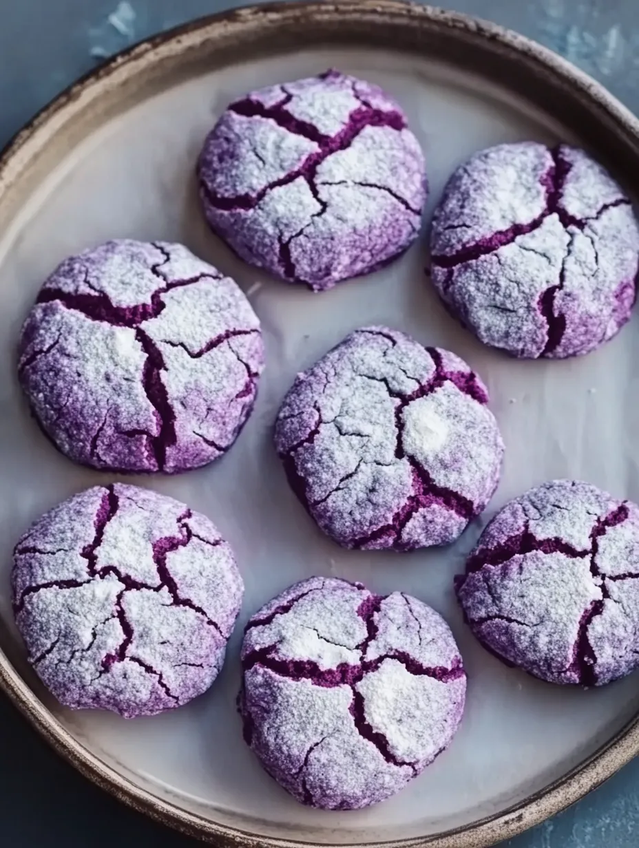 Bright purple crinkle cookies dusted in sugar.