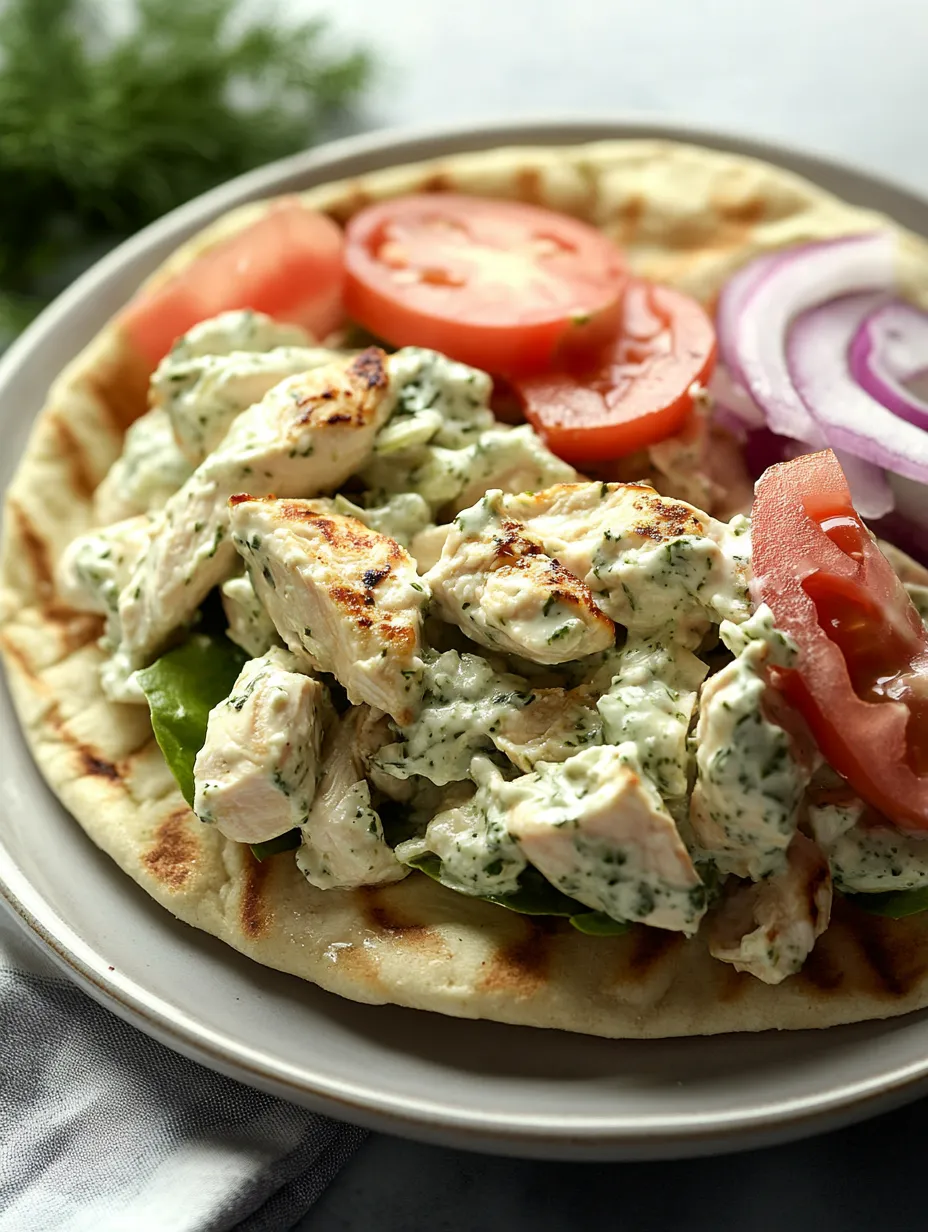 A plate of chicken salad with tomatoes, onions, and a side of pita bread.