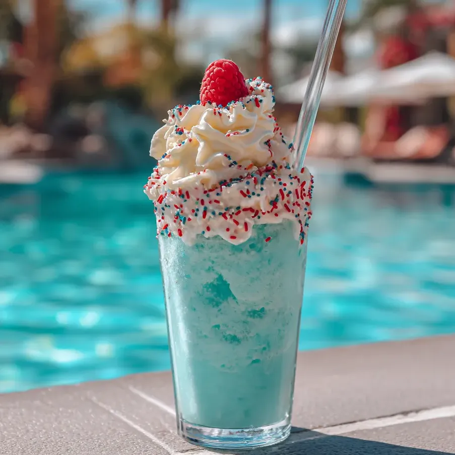 A blue raspberry slushie drink with a straw.