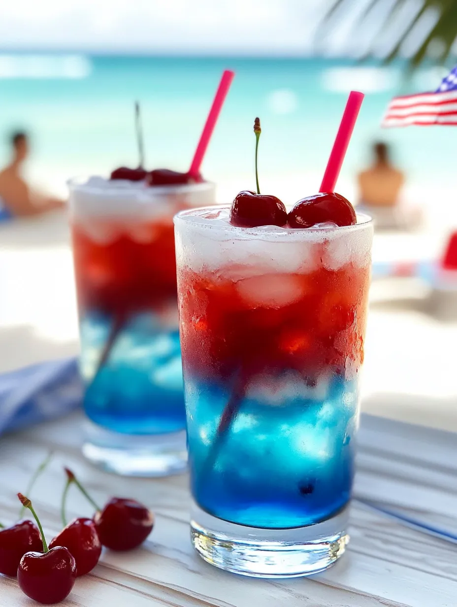 A pair of layered red, white, and blue drinks on a table.