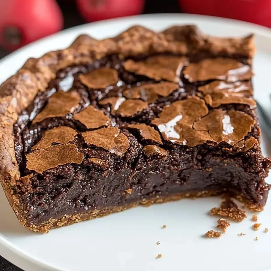 A chunk of chocolatey pie sitting on a white plate.