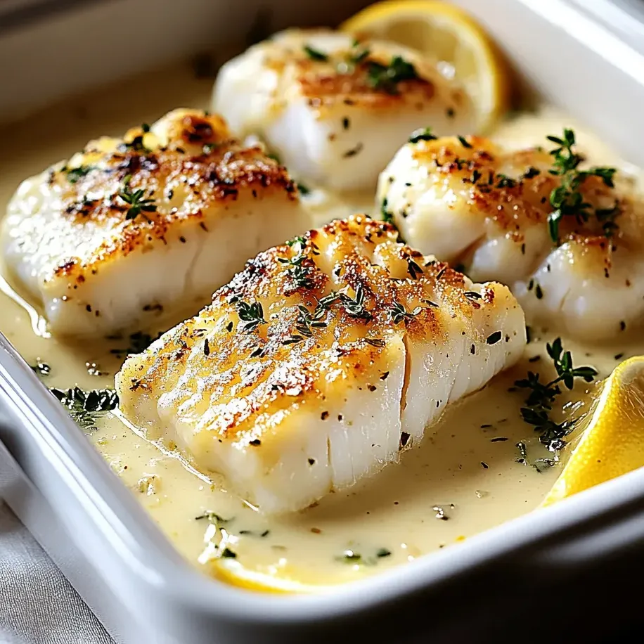 Baked cod sits in a creamy, lemony coconut sauce.