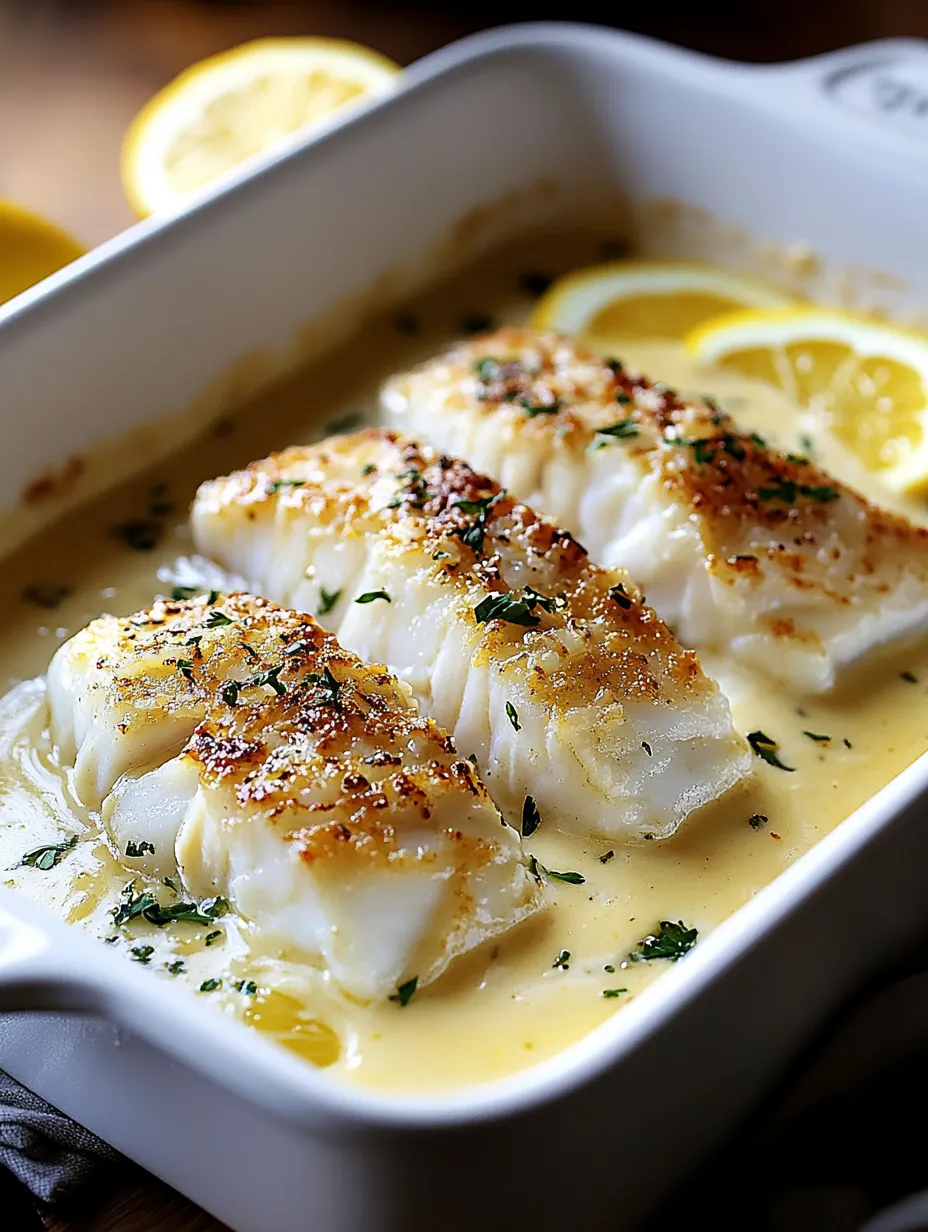 A dish of baked cod with lemon and coconut cream.