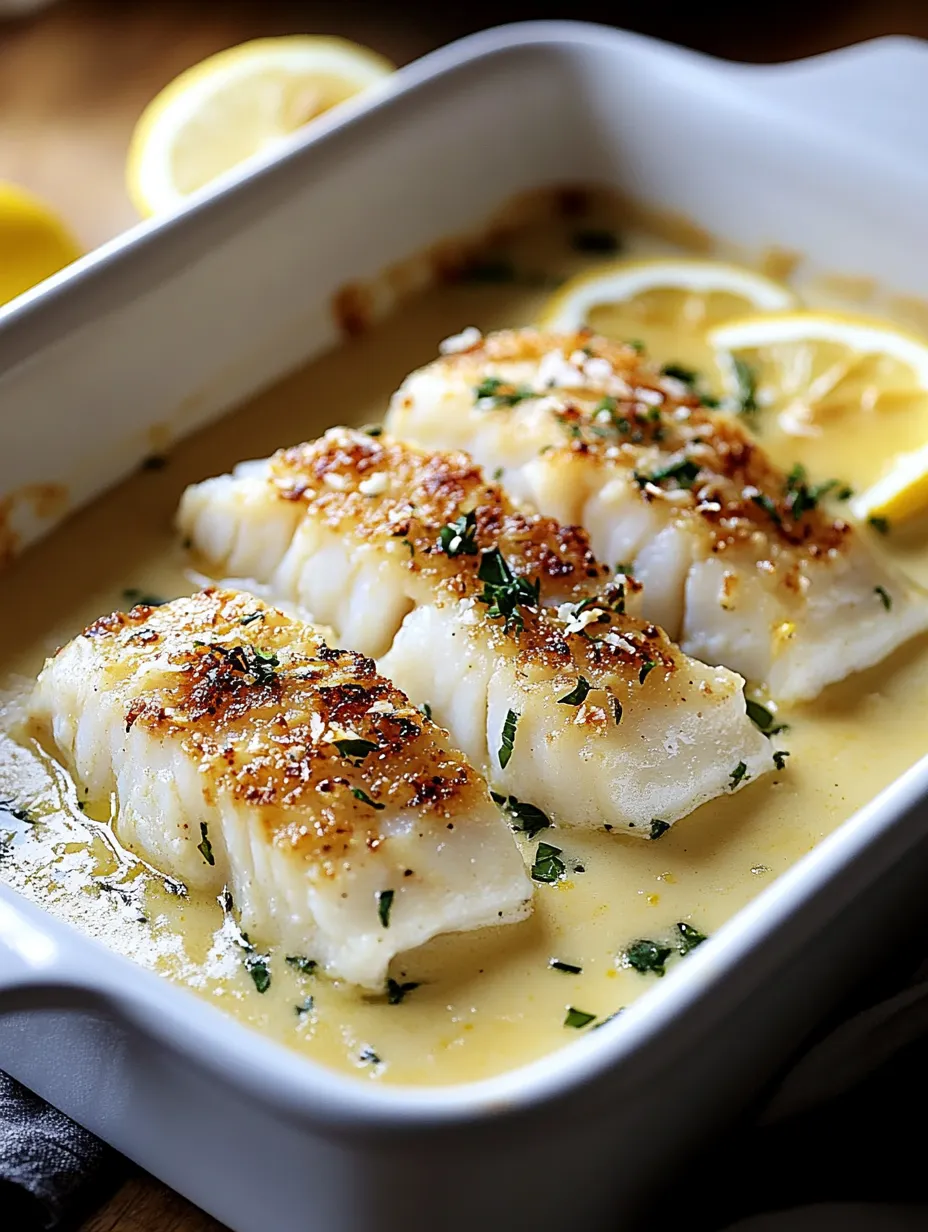 A dish of baked cod with lemon and coconut cream.