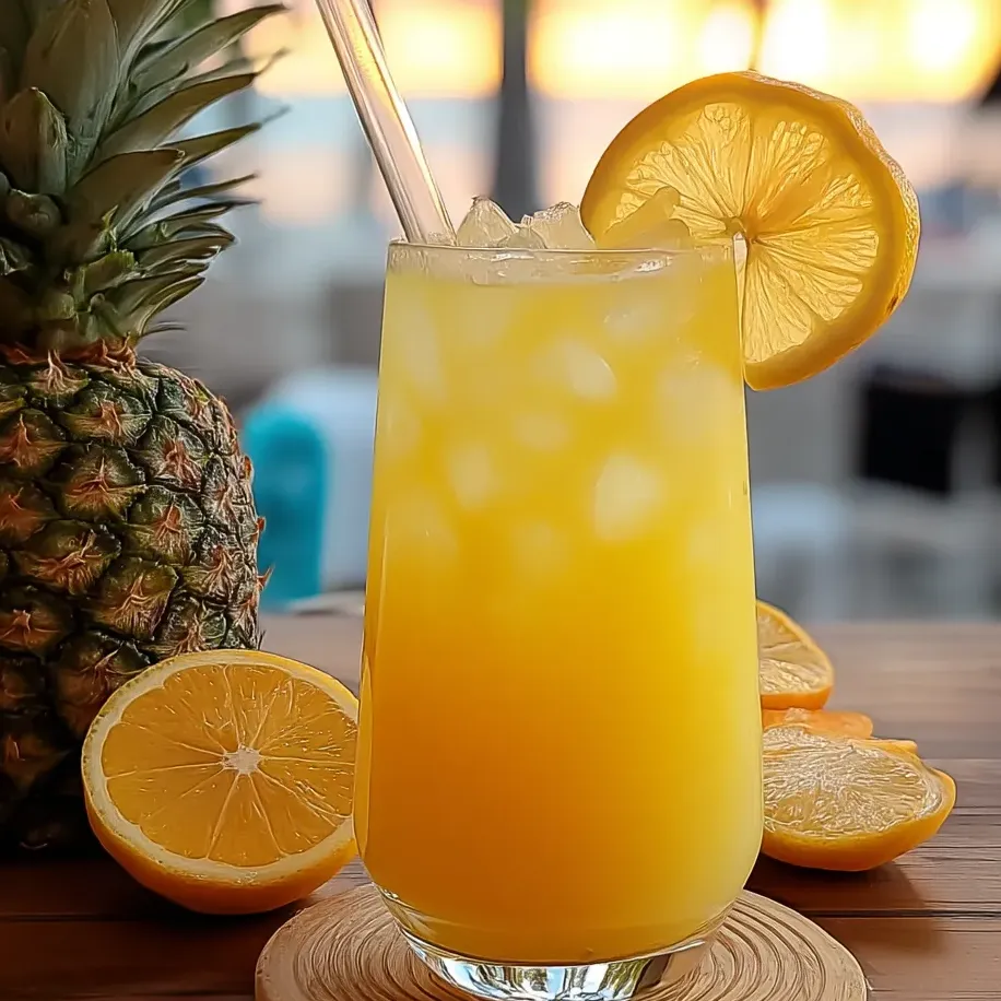 A glass of pineapple lemonade is on a table.
