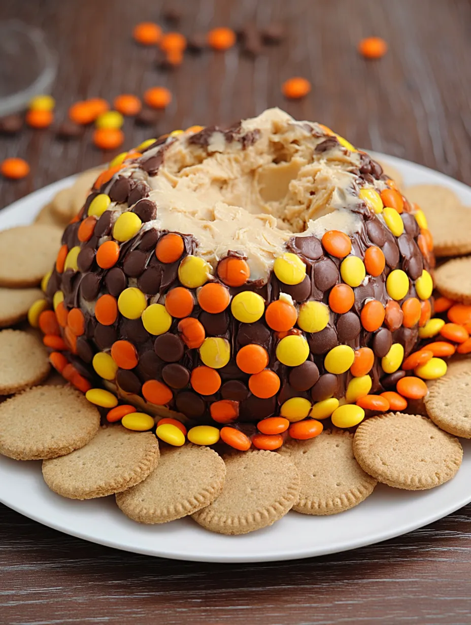 A loaded Peanut Butter Bliss Cheese Ball covered in candies.