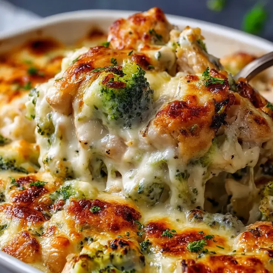 A dish of chicken and broccoli alfredo bake.