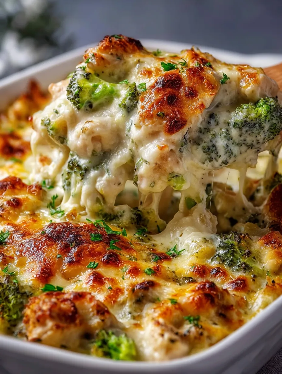 Cheesy chicken and broccoli with crispy edges in a close-up view.