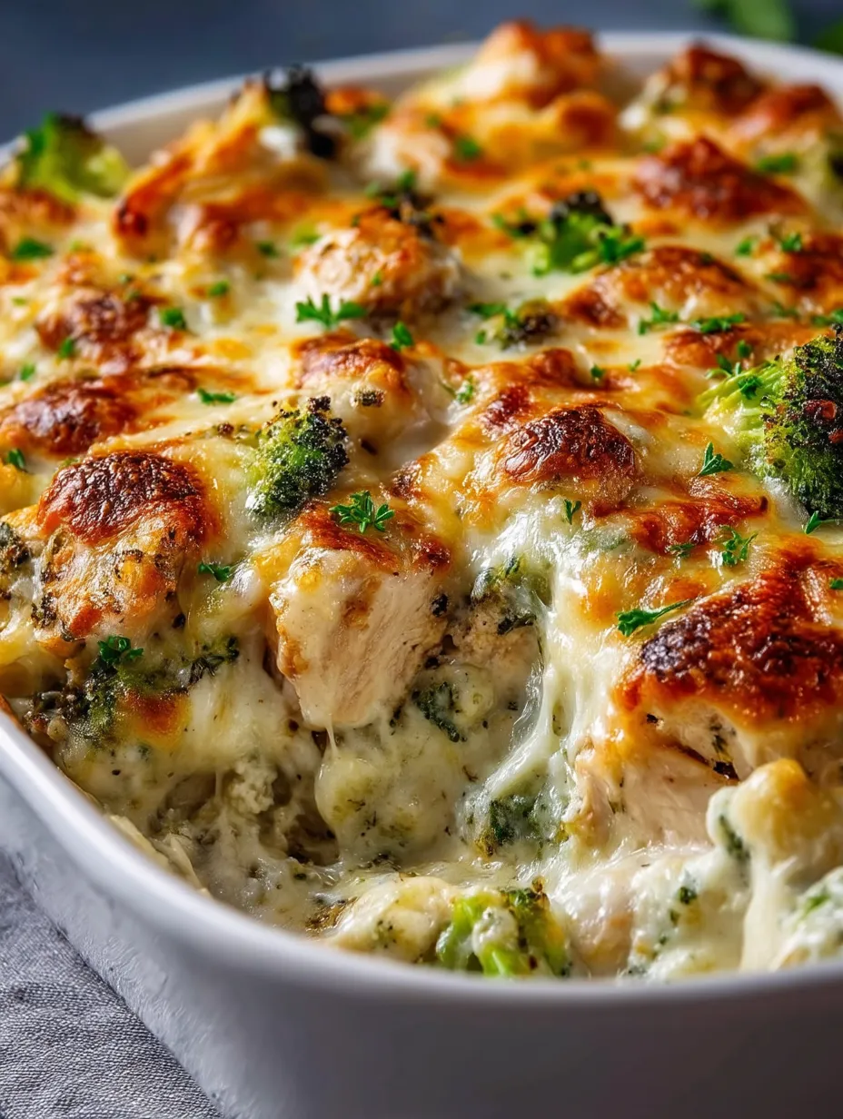 A dish full of chicken and broccoli all creamy with cheese on top.