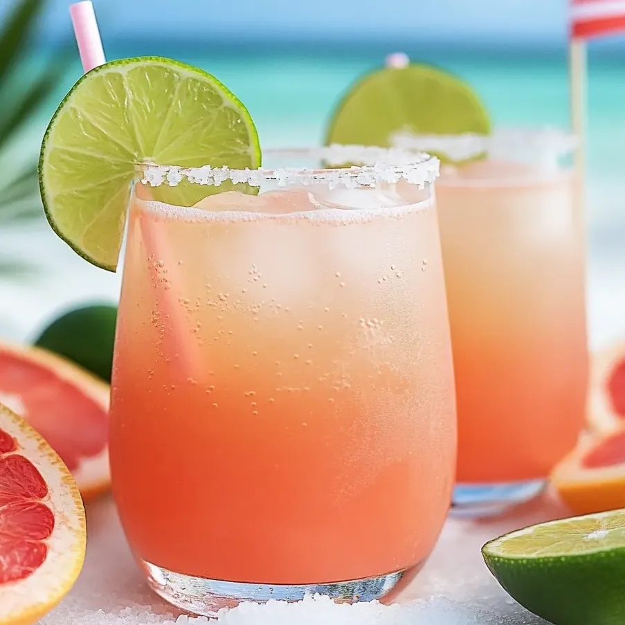 Two Paloma mocktails in glasses, garnished with grapefruit and lime.