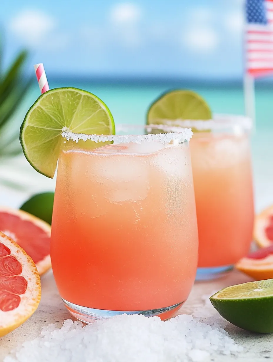 Two glasses of pink grapefruit lime drinks.