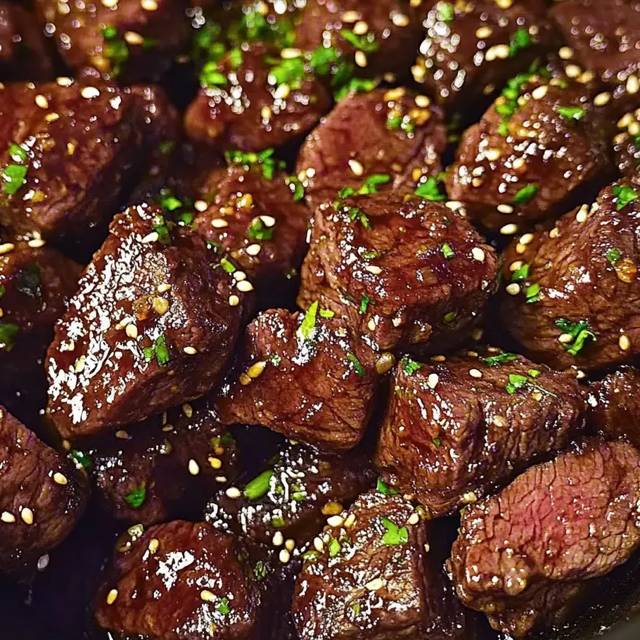 Sticky steak chunks topped with fresh herbs.