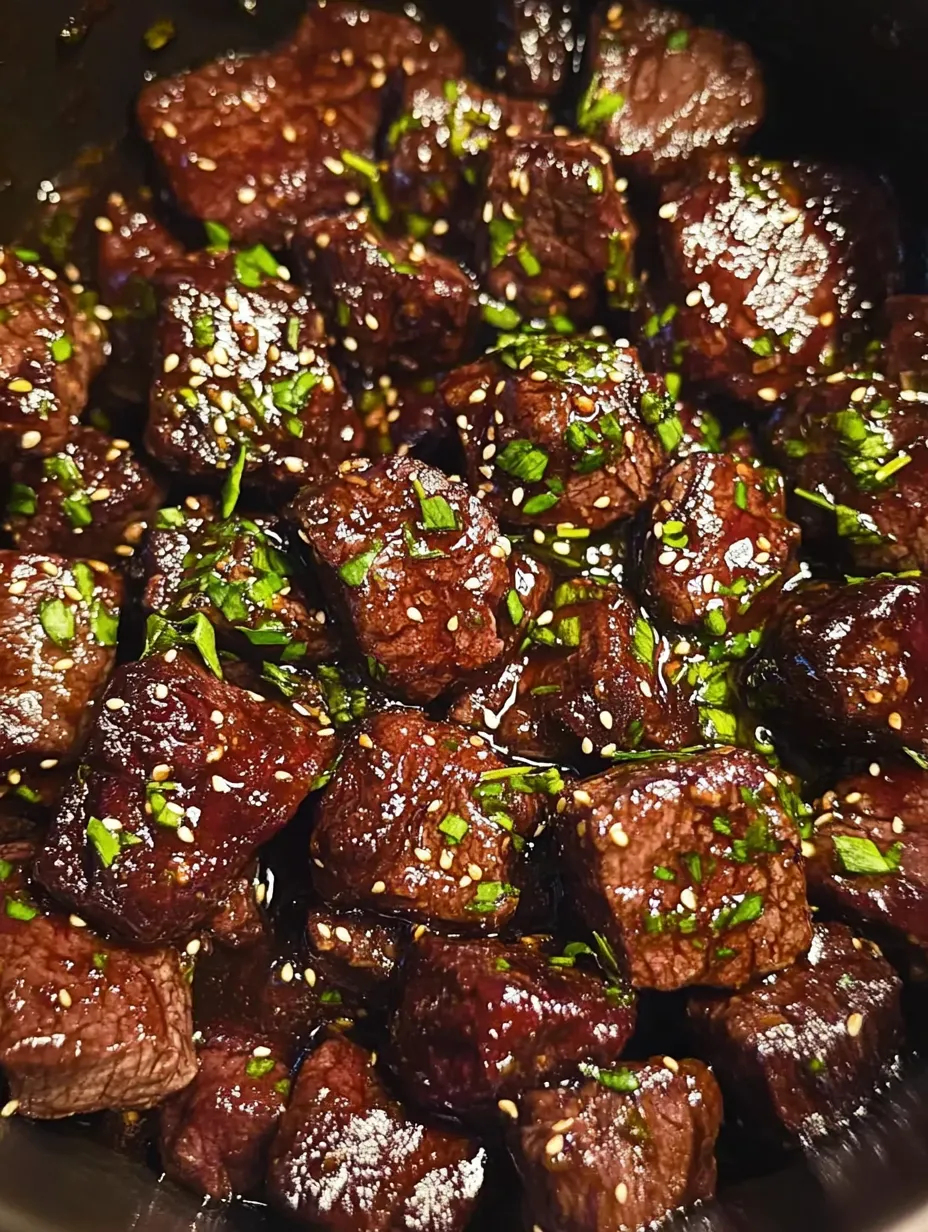 Sticky steak bites with fresh green herbs on top.