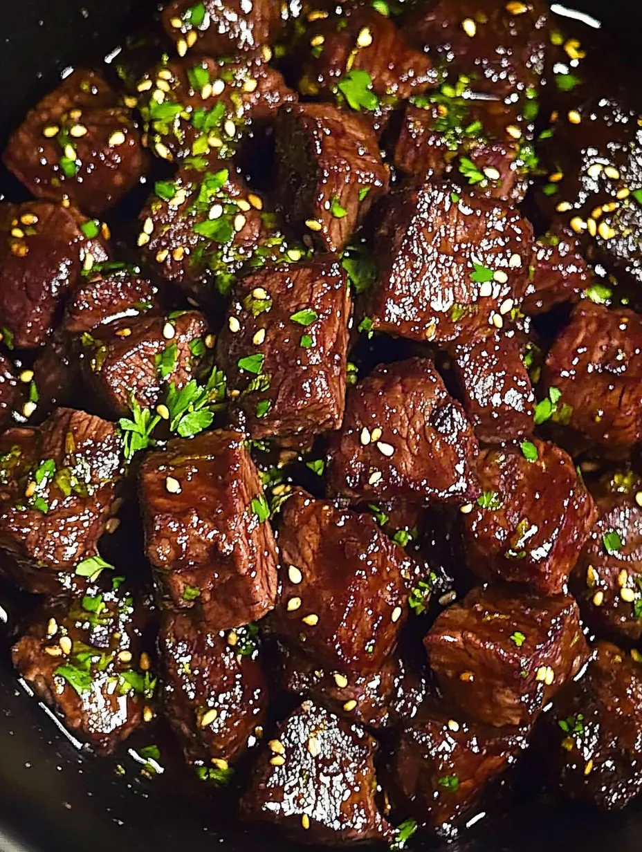 Sticky steak bites loaded with herbs on top.