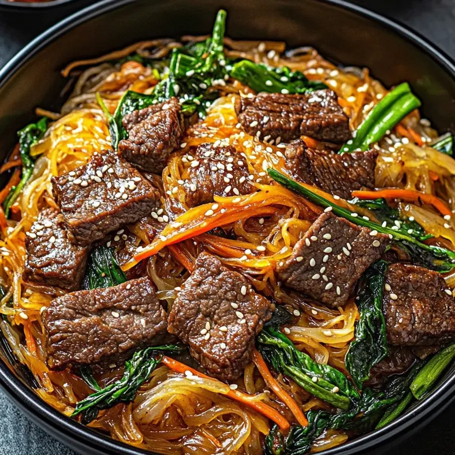 A bowl of Japchae with meat and vegetables.