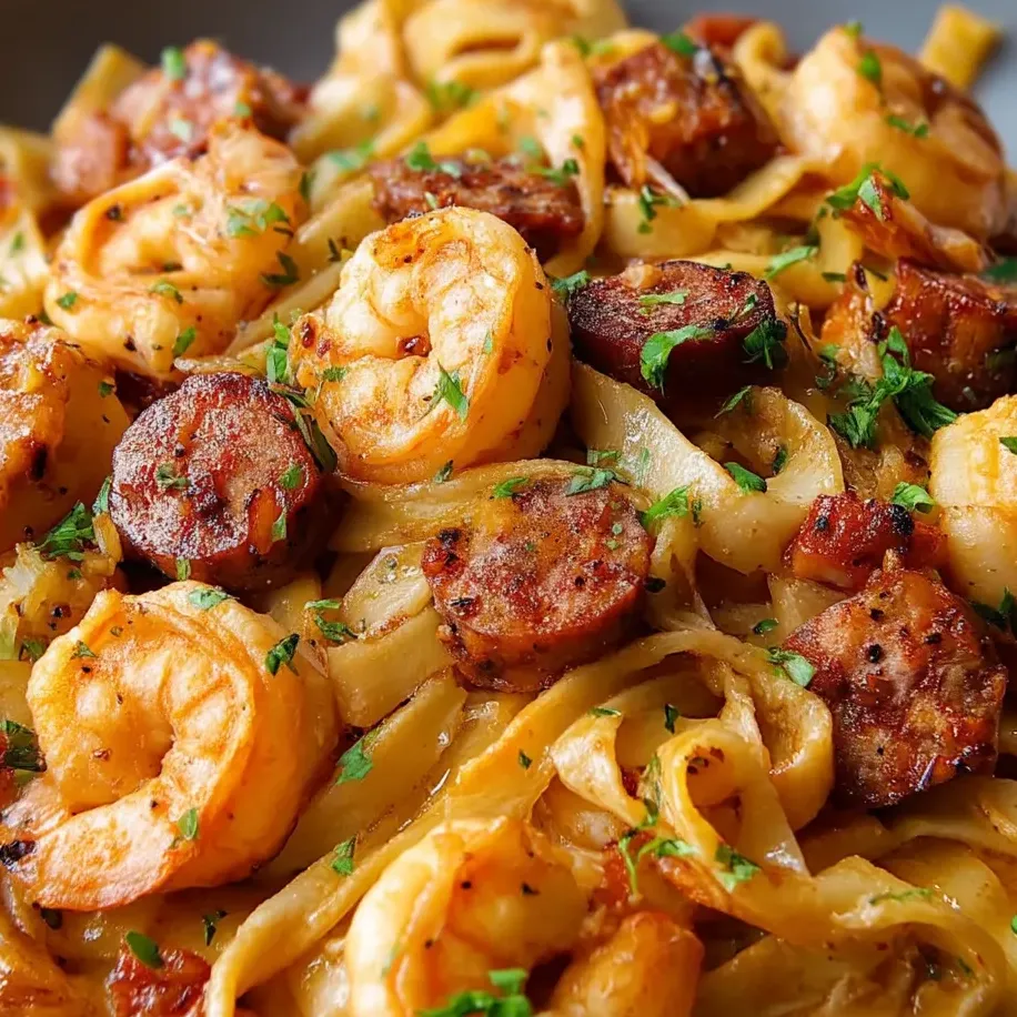 Creamy Jamaican shrimp pasta on a white plate.
