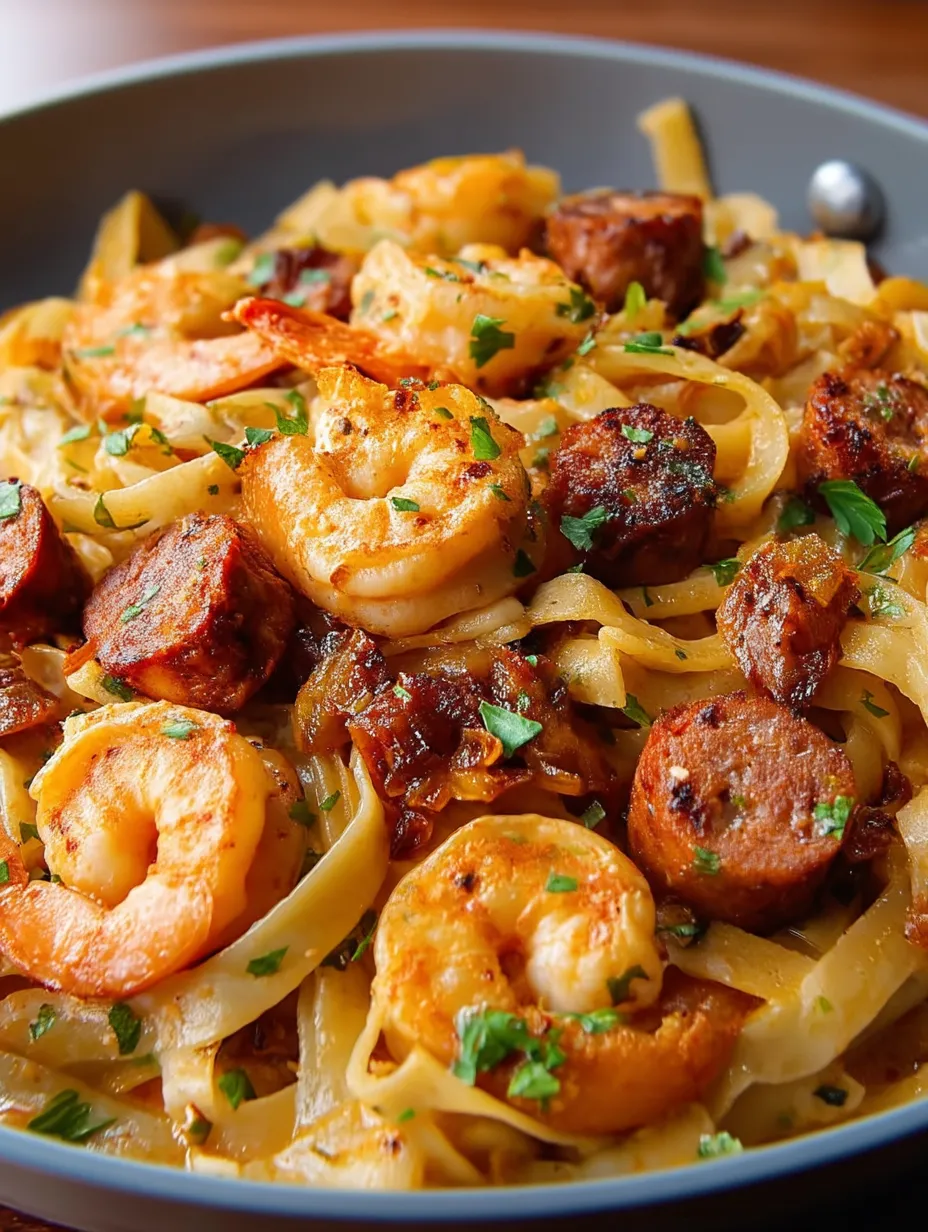 A hearty plate of creamy Caribbean shrimp pasta with herbs and lime wedges.