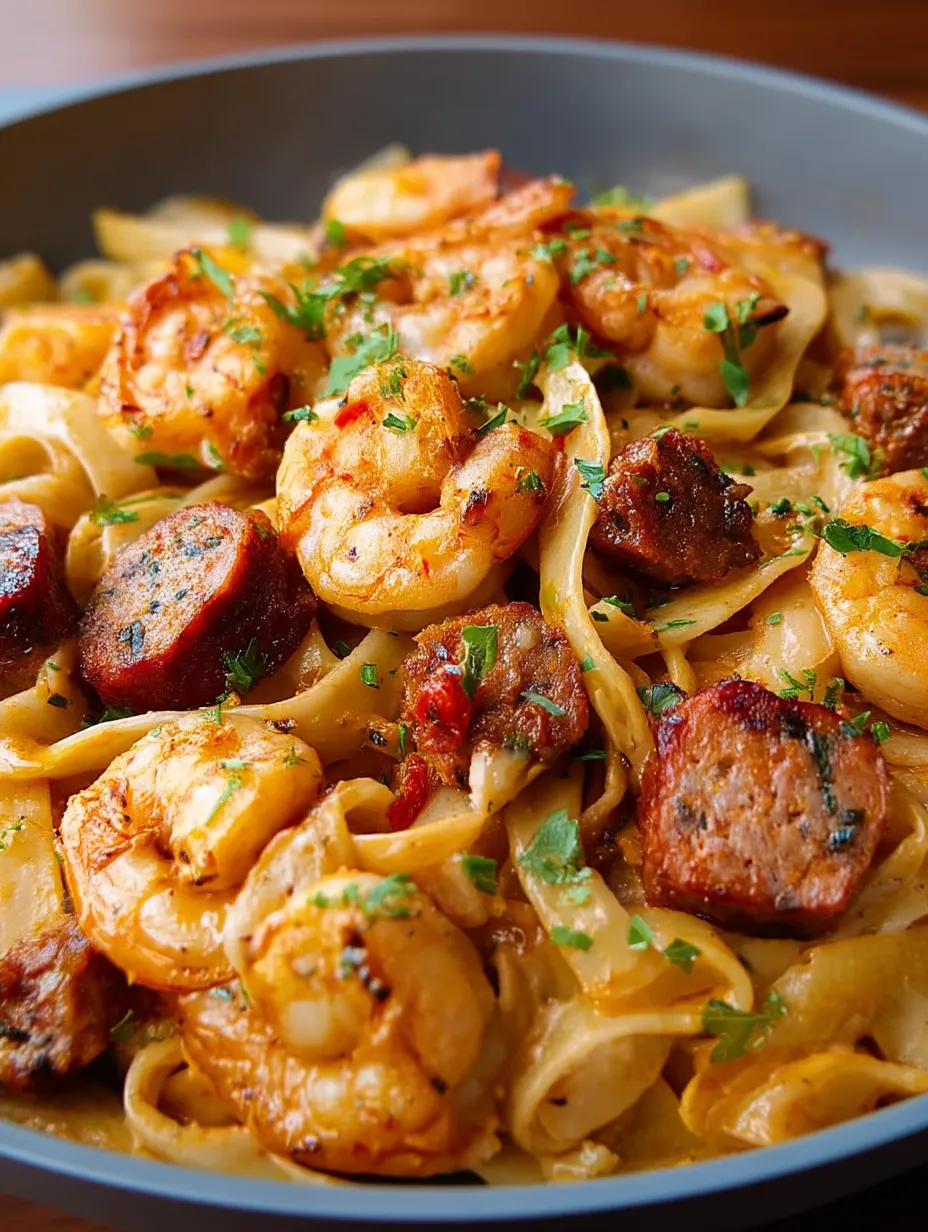 A plate full of creamy Caribbean shrimp pasta with herbs and lime wedges.
