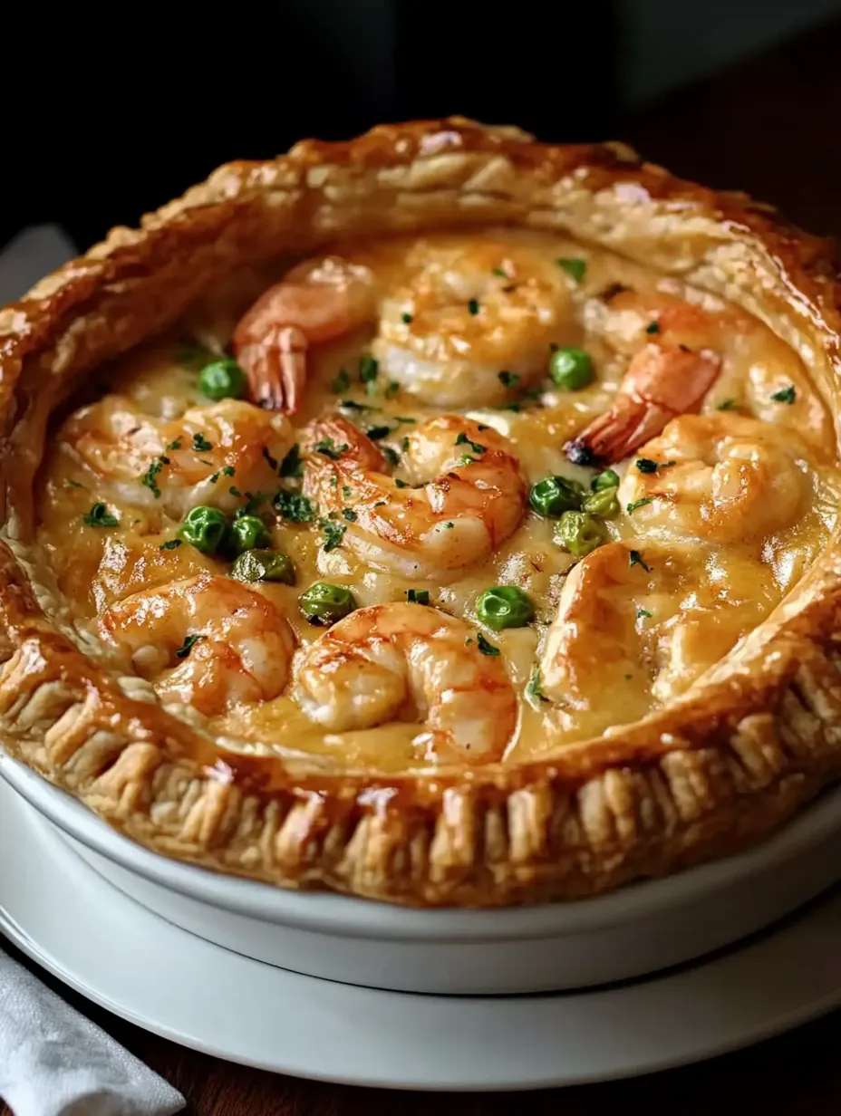 Slices of Cajun seafood pot pie served in a bright white bowl.