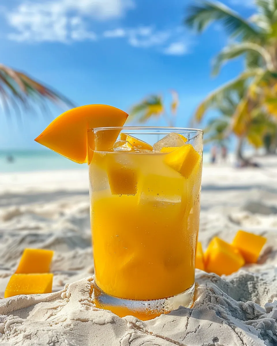 A glass of mango lemonade on a beach.