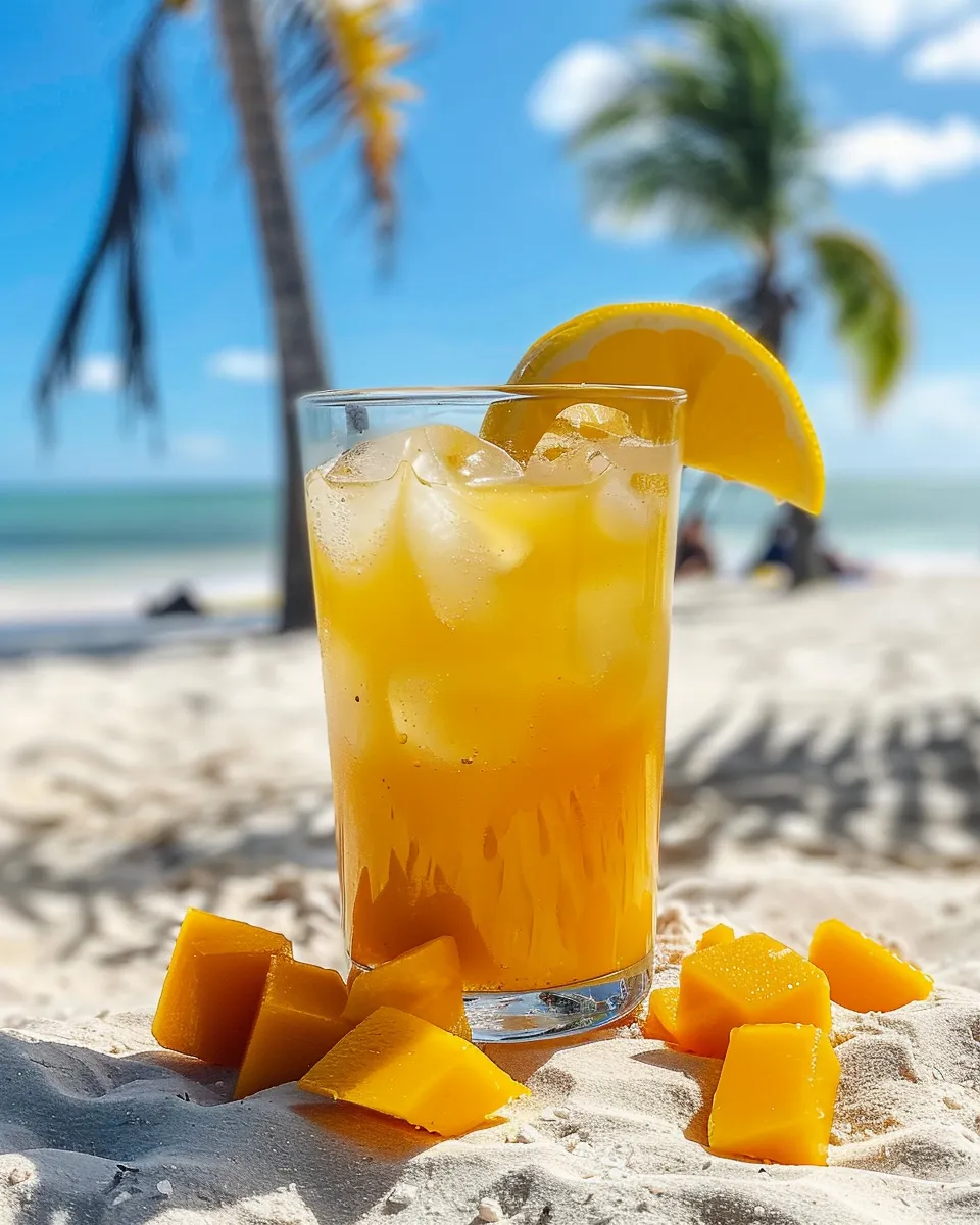 A glass of mango lemonade on a beach.