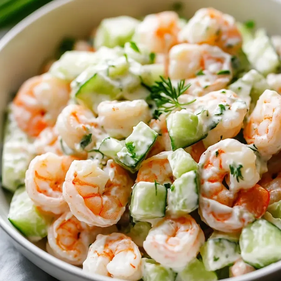 Shrimp salad topped with cucumber and fresh lime slices in a bowl.