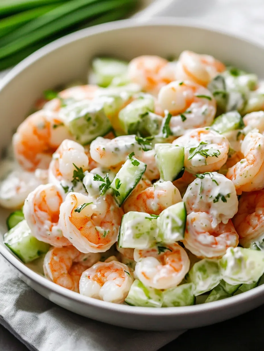 A bowl of shrimp salad with cucumber and lime.