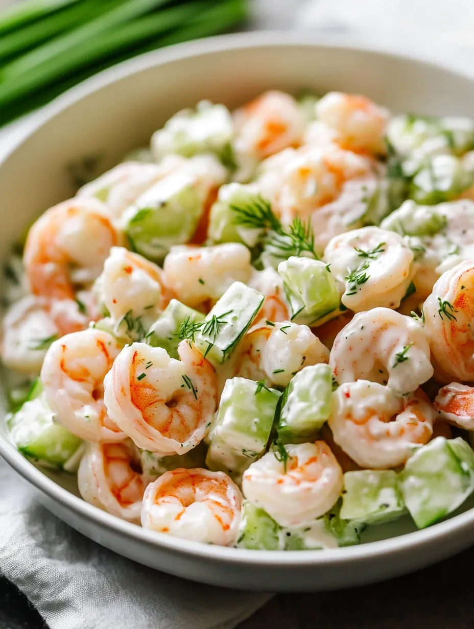A bowl of shrimp salad with cucumber and lime.