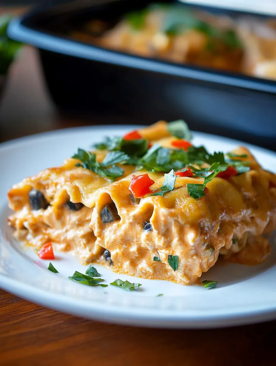A white plate with a Southwest Chicken Lasagna Roll Ups.