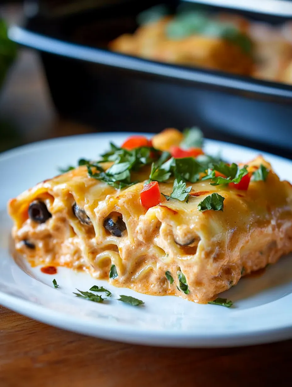 A white plate with a Southwest Chicken Lasagna Roll Ups.