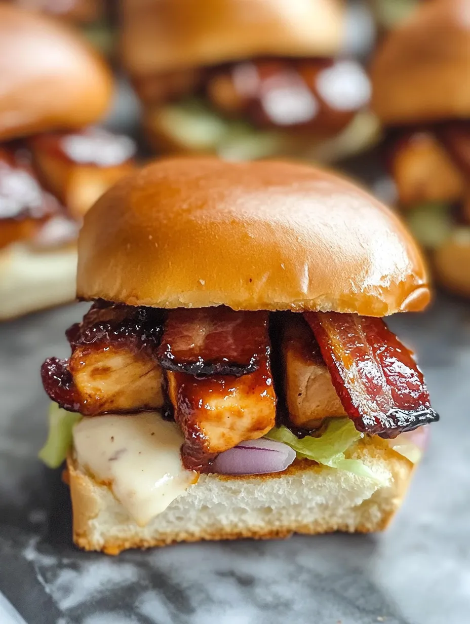 Bite-sized bacon ranch BBQ chicken sandwich in close view.
