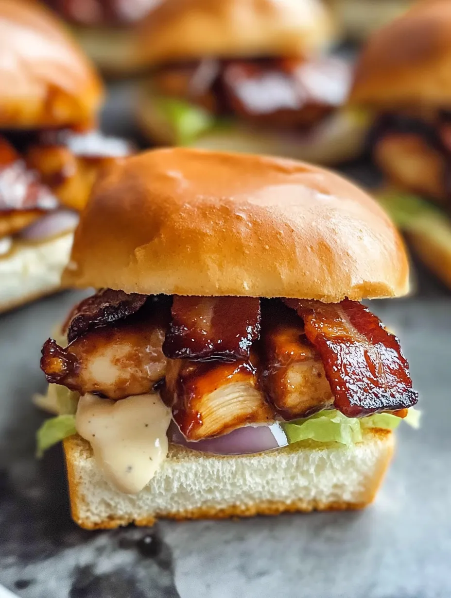 Bite-sized bacon ranch BBQ chicken sandwich in close view.